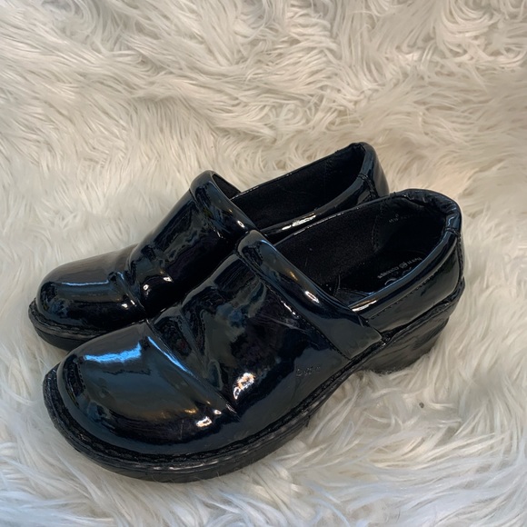 boc black patent leather clogs